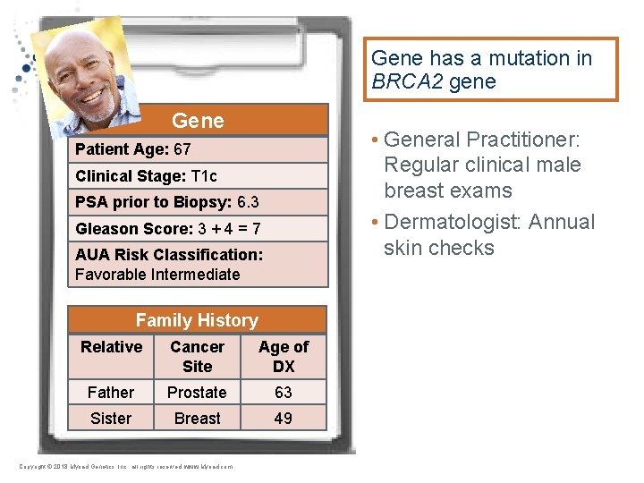 Gene has a mutation in BRCA 2 gene Gene • General Practitioner: Regular clinical