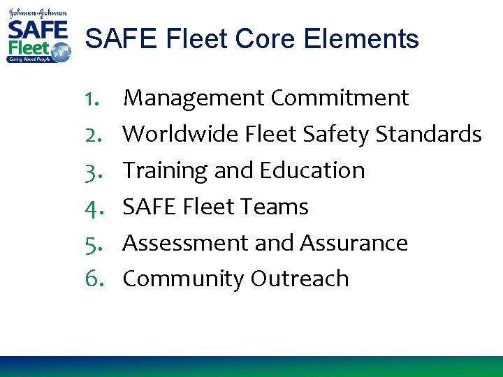 SAFE Fleet Core Elements 1. 2. 3. 4. 5. 6. Management Commitment Worldwide Fleet