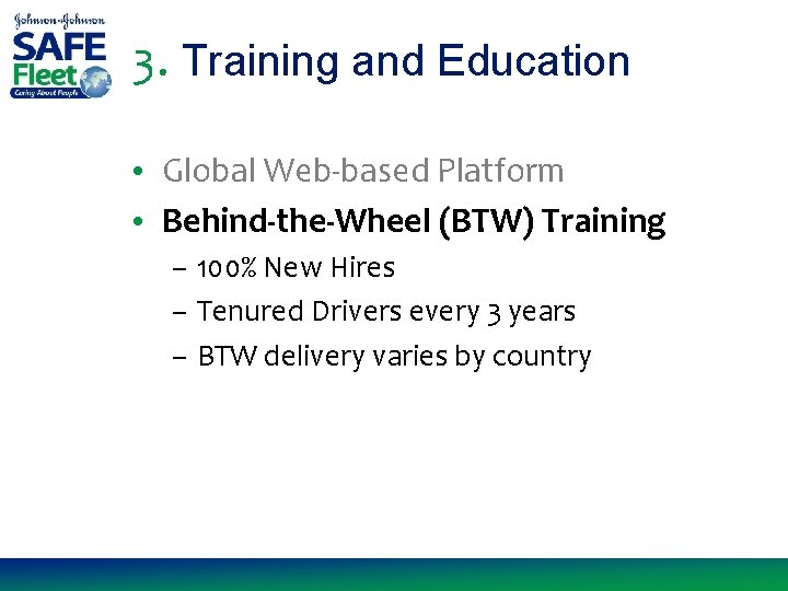 3. Training and Education • Global Web-based Platform • Behind-the-Wheel (BTW) Training – 100%