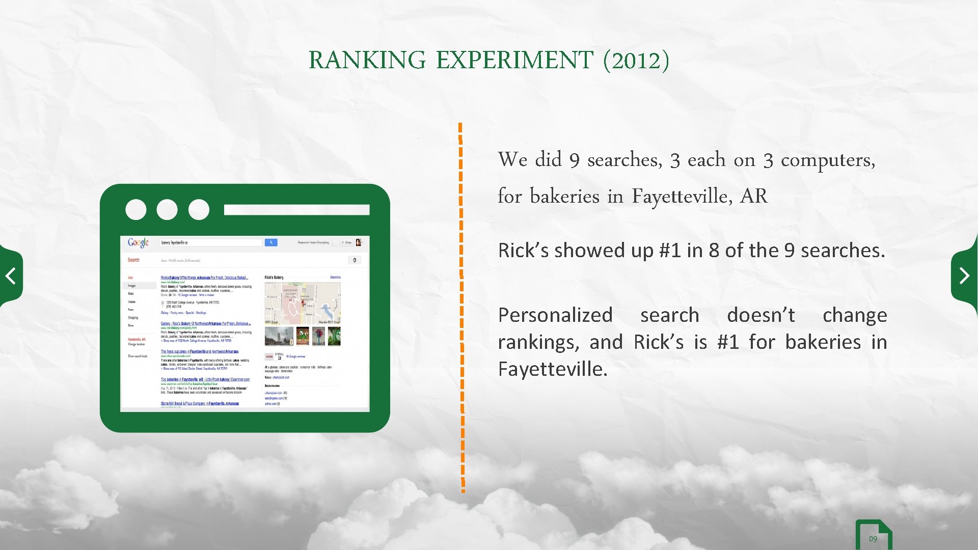 RANKING EXPERIMENT (2012) We did 9 searches, 3 each on 3 computers, for bakeries