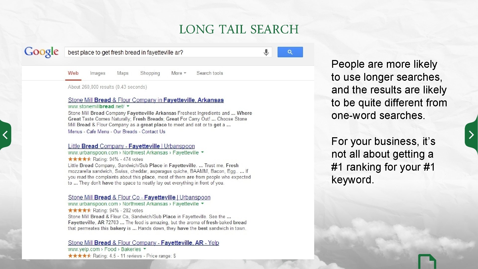 LONG TAIL SEARCH People are more likely to use longer searches, and the results