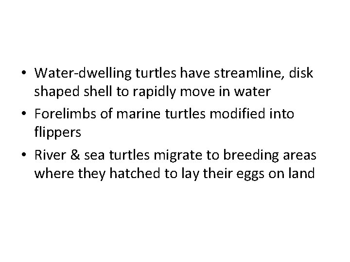  • Water-dwelling turtles have streamline, disk shaped shell to rapidly move in water
