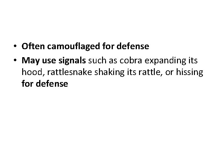  • Often camouflaged for defense • May use signals such as cobra expanding