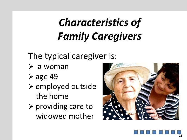 Characteristics of Family Caregivers The typical caregiver is: Ø a woman Ø age 49