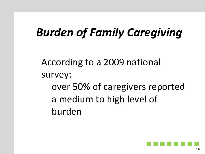 Burden of Family Caregiving According to a 2009 national survey: over 50% of caregivers