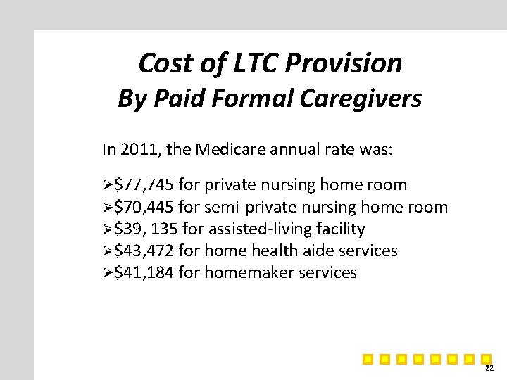 Cost of LTC Provision By Paid Formal Caregivers In 2011, the Medicare annual rate
