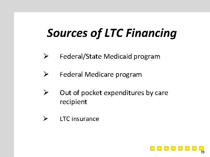 Sources of LTC Financing Ø Federal/State Medicaid program Ø Federal Medicare program Ø Out