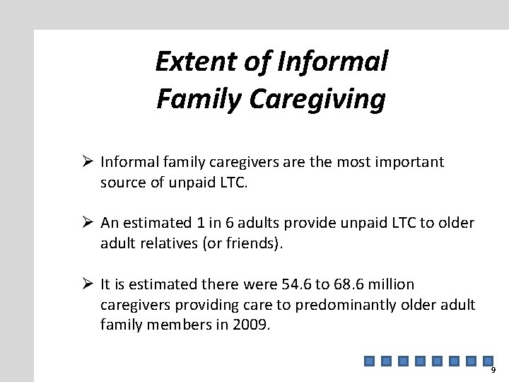 Extent of Informal Family Caregiving Ø Informal family caregivers are the most important source