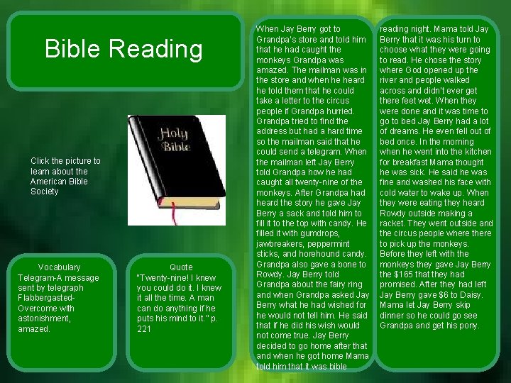 Bible Reading Click the picture to learn about the American Bible Society Vocabulary Telegram-A