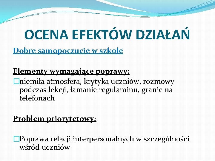 OCENA EFEKTÓW DZIAŁAŃ Dobre samopoczucie w szkole Elementy wymagające poprawy: �niemiła atmosfera, krytyka uczniów,