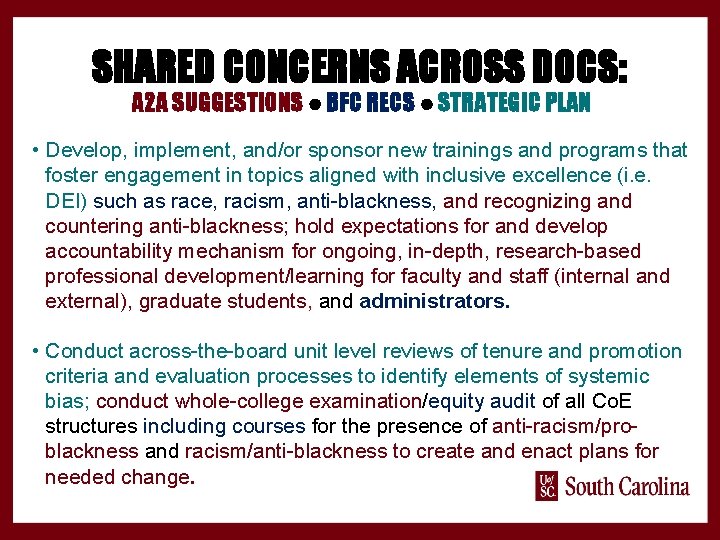 SHARED CONCERNS ACROSS DOCS: A 2 A SUGGESTIONS ● BFC RECS ● STRATEGIC PLAN