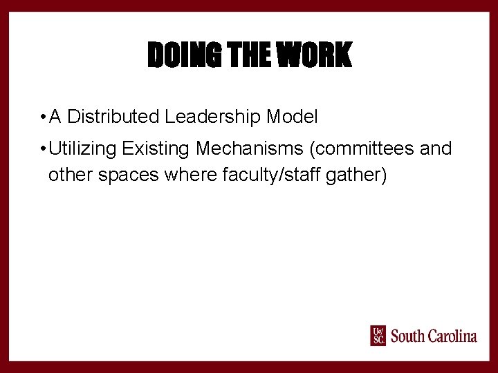 DOING THE WORK • A Distributed Leadership Model • Utilizing Existing Mechanisms (committees and