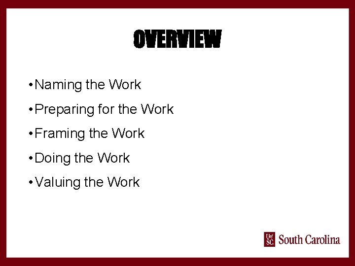 OVERVIEW • Naming the Work • Preparing for the Work • Framing the Work