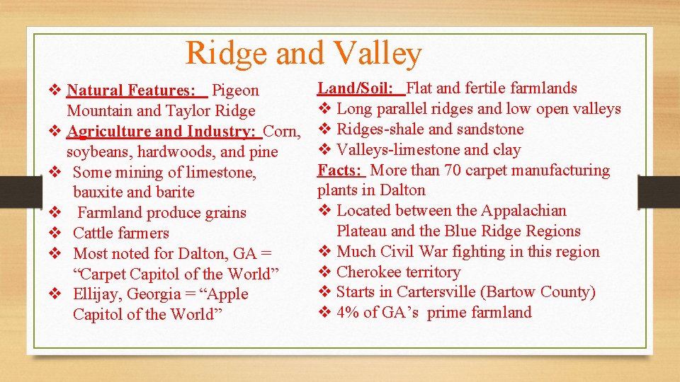 Ridge and Valley v Natural Features: Pigeon Mountain and Taylor Ridge v Agriculture and