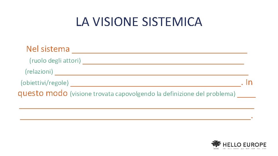 LA VISIONE SISTEMICA Nel sistema ___________________ (ruolo degli attori) __________________ (relazioni) _____________________ (obiettivi/regole) ___________________.