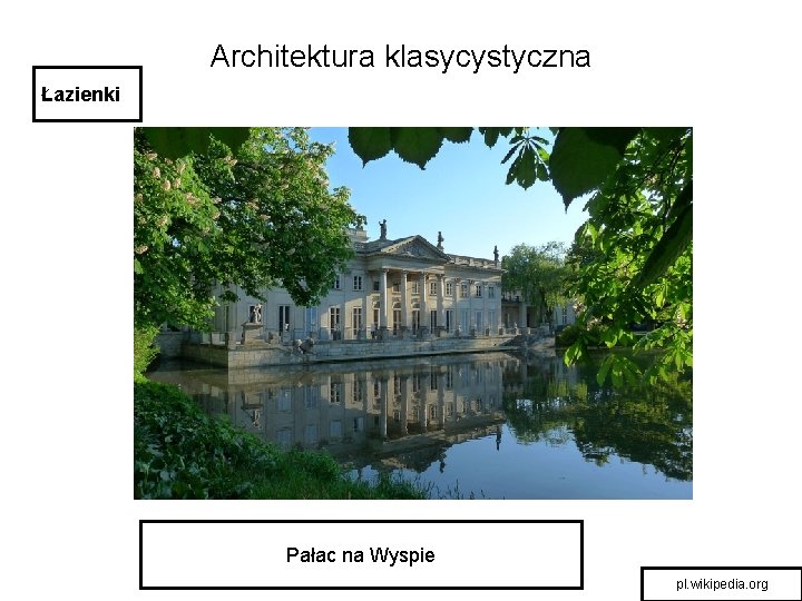 Architektura klasycystyczna Łazienki Pałac na Wyspie pl. wikipedia. org 