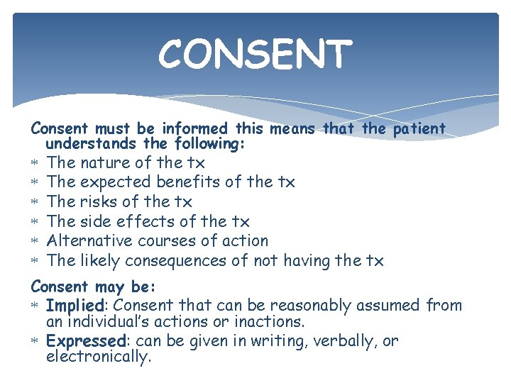 CONSENT Consent must be informed this means that the patient understands the following: The