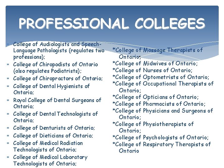 PROFESSIONAL COLLEGES College of Audiologists and Speech. Language Pathologists (regulates two professions); College of