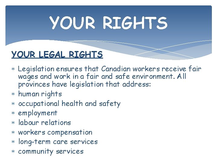 YOUR RIGHTS YOUR LEGAL RIGHTS Legislation ensures that Canadian workers receive fair wages and