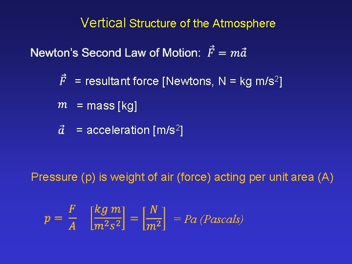 Vertical Structure of the Atmosphere = resultant force [Newtons, N = kg m/s 2]