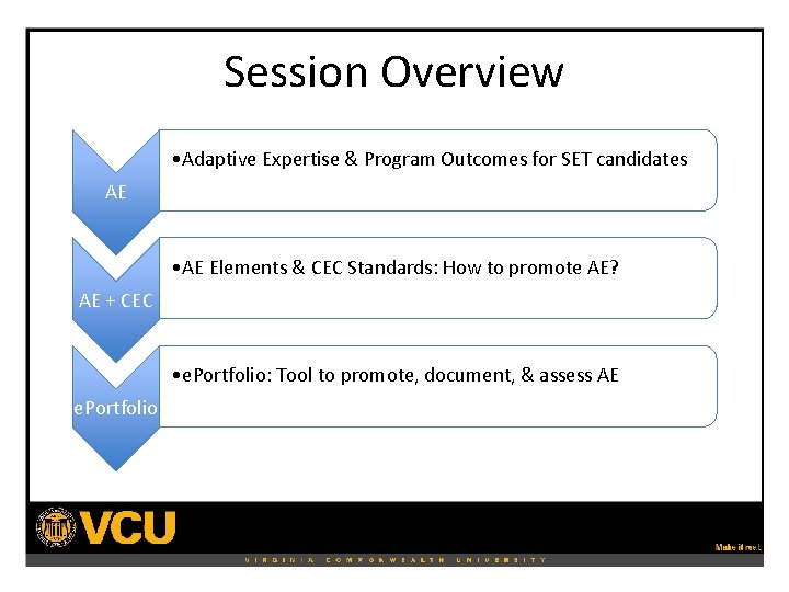 Session Overview • Adaptive Expertise & Program Outcomes for SET candidates AE • AE