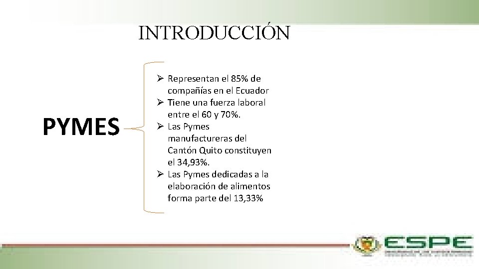 INTRODUCCIÓN PYMES Ø Representan el 85% de compañías en el Ecuador Ø Tiene una