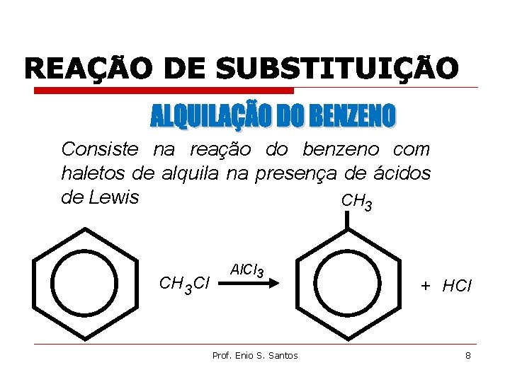 Consiste na reação do benzeno com haletos de alquila na presença de ácidos de