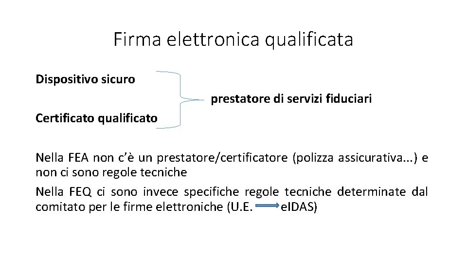 Firma elettronica qualificata Dispositivo sicuro prestatore di servizi fiduciari Certificato qualificato Nella FEA non