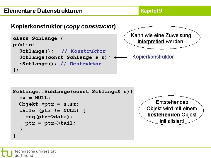 Kapitel 9 Elementare Datenstrukturen Kopierkonstruktor (copy constructor) class Schlange { public: Schlange(); // Konstruktor