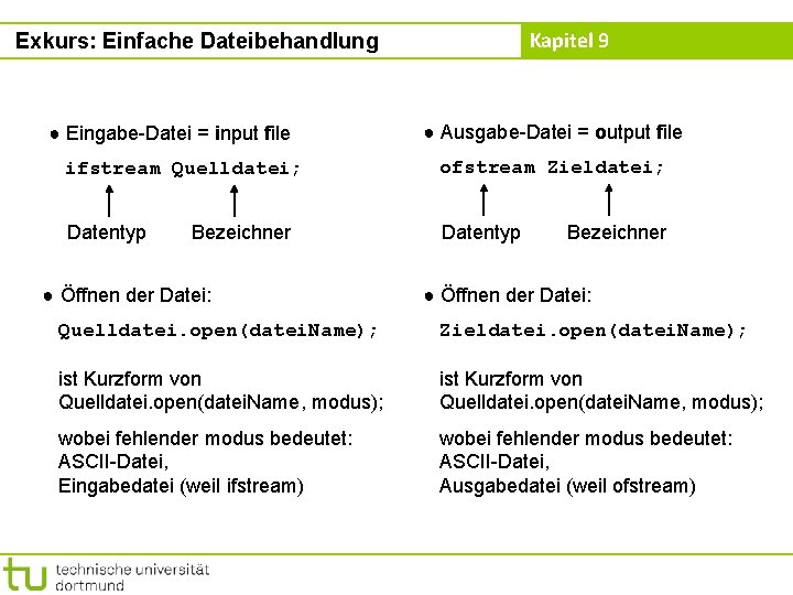 Kapitel 9 Exkurs: Einfache Dateibehandlung ● Eingabe-Datei = input file ● Ausgabe-Datei = output