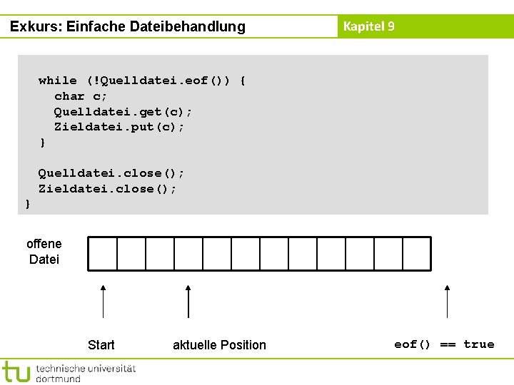 Exkurs: Einfache Dateibehandlung Kapitel 9 while (!Quelldatei. eof()) { char c; Quelldatei. get(c); Zieldatei.