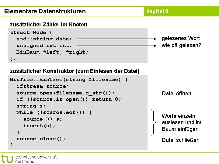 Elementare Datenstrukturen zusätzlicher Zähler im Knoten struct Node { std: : string data; unsigned Elementare Datenstrukturen zusätzlicher Zähler im Knoten struct Node { std: : string data; unsigned