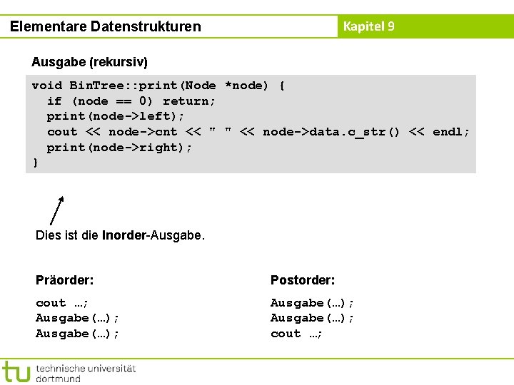 Kapitel 9 Elementare Datenstrukturen Ausgabe (rekursiv) void Bin. Tree: : print(Node *node) { if