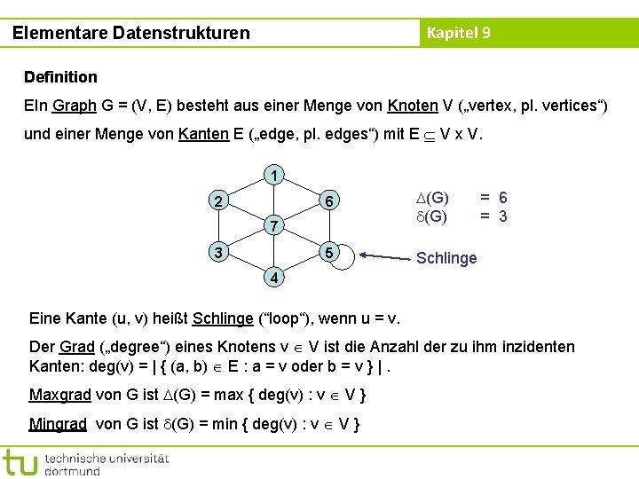 Kapitel 9 Elementare Datenstrukturen Definition EIn Graph G = (V, E) besteht aus einer