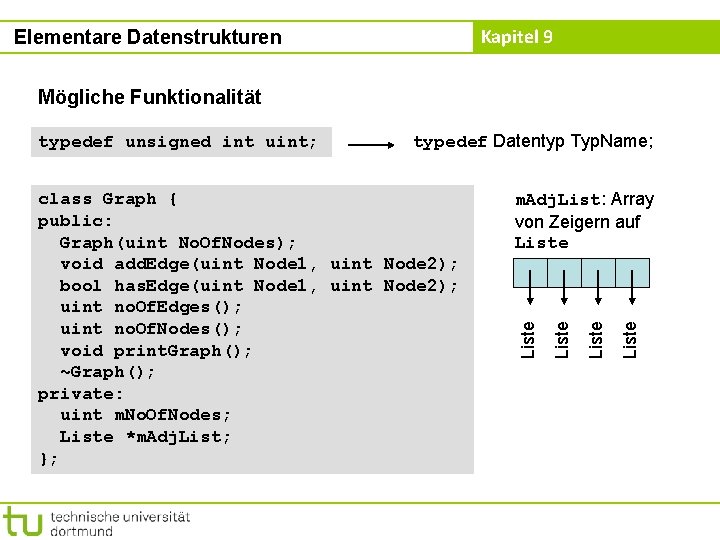 Kapitel 9 Elementare Datenstrukturen Mögliche Funktionalität typedef Datentyp Typ. Name; Liste m. Adj. List: