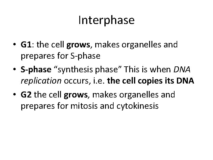 Interphase • G 1: the cell grows, makes organelles and prepares for S-phase • Interphase • G 1: the cell grows, makes organelles and prepares for S-phase •