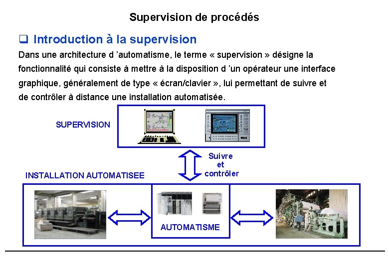 Supervision de procédés q Introduction à la supervision Dans une architecture d ’automatisme, le