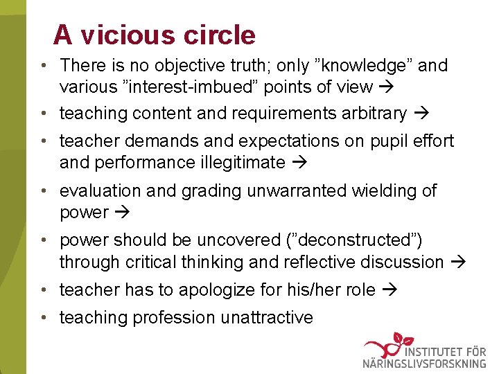 A vicious circle • There is no objective truth; only ”knowledge” and various ”interest-imbued” A vicious circle • There is no objective truth; only ”knowledge” and various ”interest-imbued”