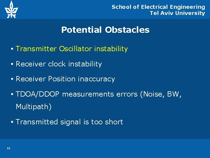 School of Electrical Engineering Tel Aviv University Potential Obstacles Transmitter Oscillator instability Receiver clock