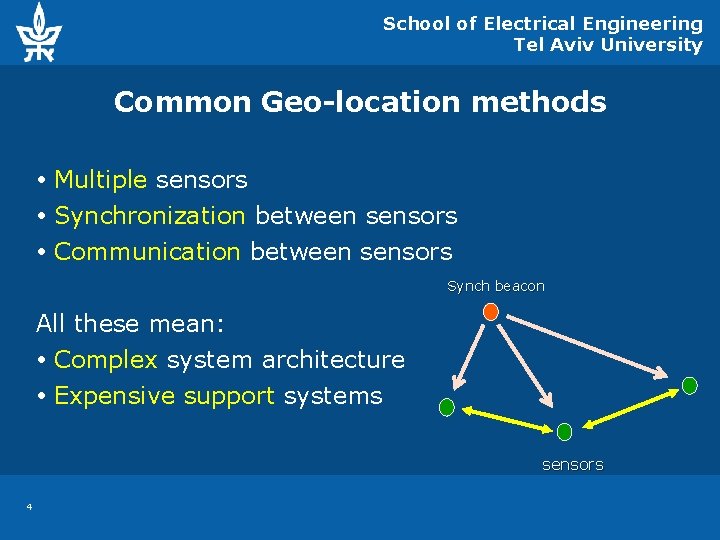 School of Electrical Engineering Tel Aviv University Common Geo-location methods Multiple sensors Synchronization between