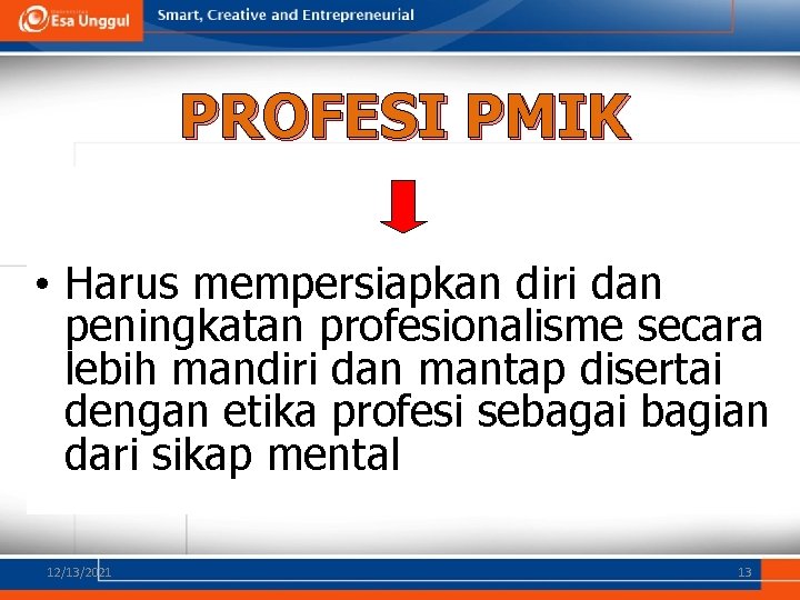 PROFESI PMIK • Harus mempersiapkan diri dan peningkatan profesionalisme secara lebih mandiri dan mantap