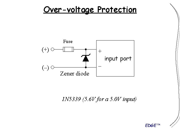 Over-voltage Protection Fuse (+) (–) + input port – Zener diode 1 N 5339