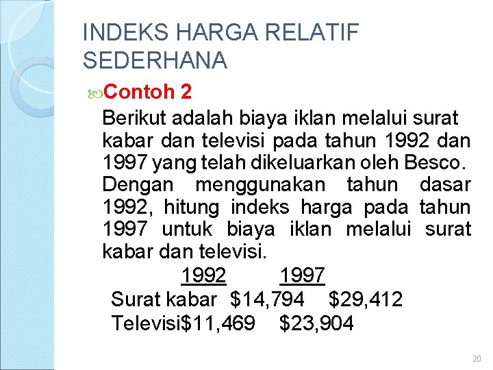 INDEKS HARGA RELATIF SEDERHANA Contoh 2 Berikut adalah biaya iklan melalui surat kabar dan