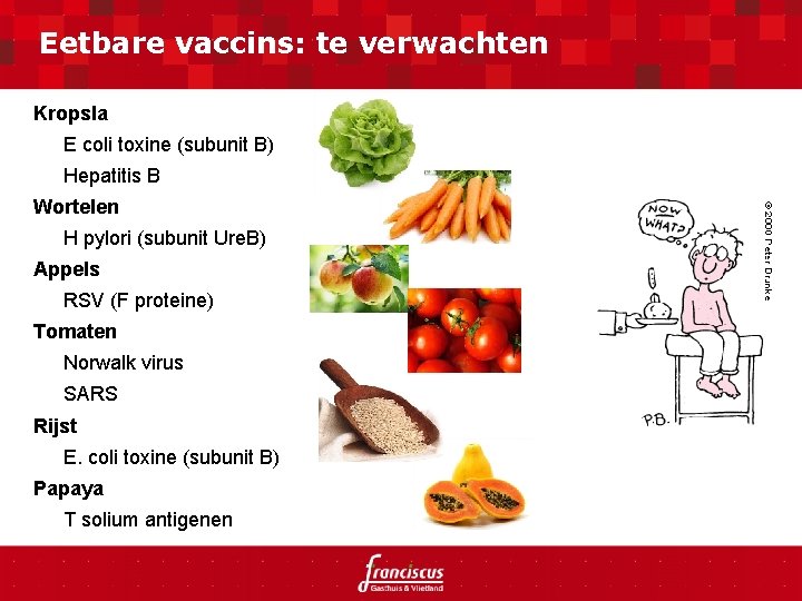 Eetbare vaccins: te verwachten Kropsla E coli toxine (subunit B) Hepatitis B Wortelen H