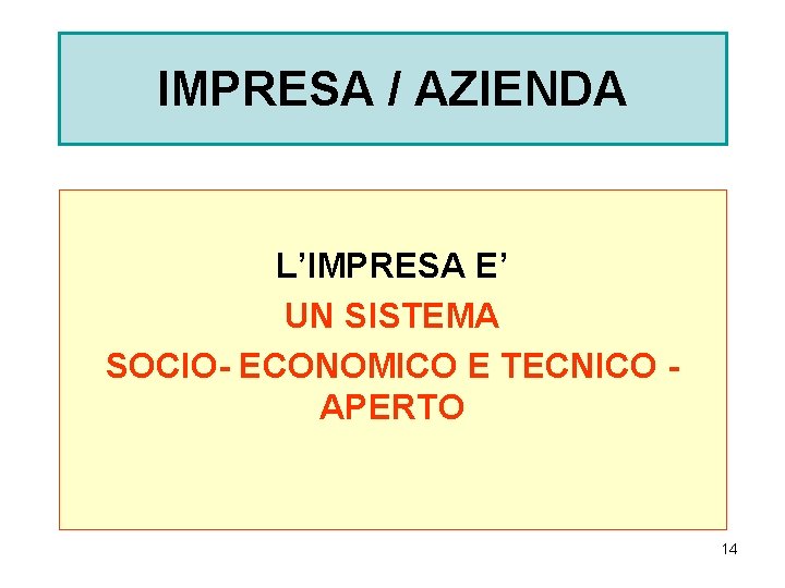 IMPRESA / AZIENDA L’IMPRESA E’ UN SISTEMA SOCIO- ECONOMICO E TECNICO APERTO 14 