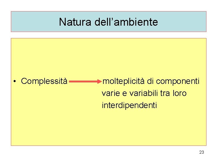 Natura dell’ambiente • Complessità molteplicità di componenti varie e variabili tra loro interdipendenti 23