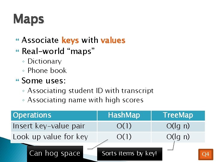Maps Associate keys with values Real-world “maps” ◦ Dictionary ◦ Phone book Some uses:
