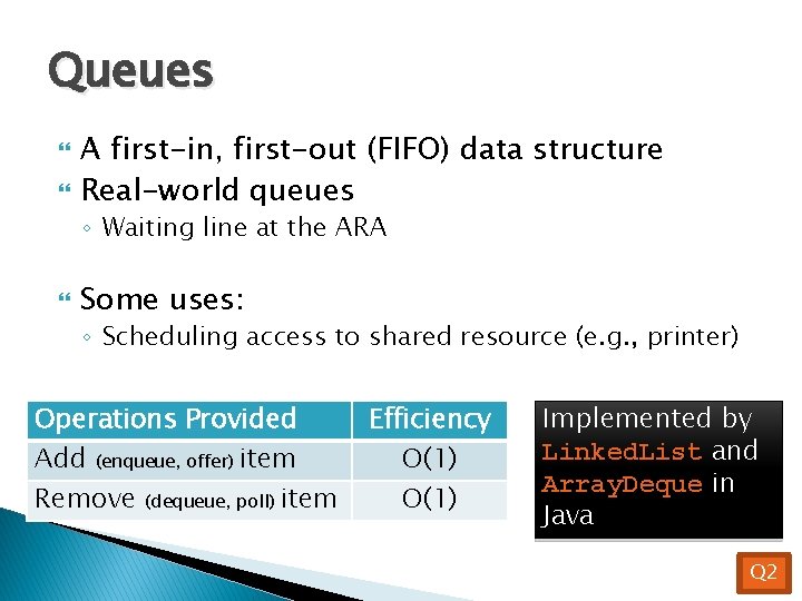 Queues A first-in, first-out (FIFO) data structure Real-world queues ◦ Waiting line at the