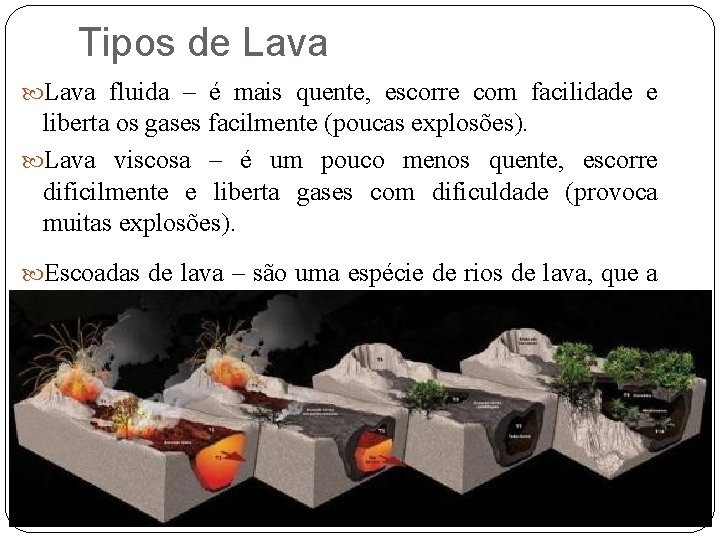 Tipos de Lava fluida – é mais quente, escorre com facilidade e liberta os