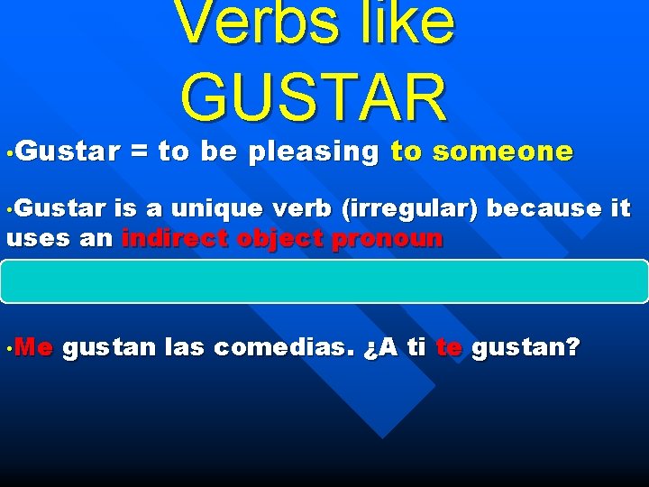  • Gustar Verbs like GUSTAR = to be pleasing to someone • Gustar